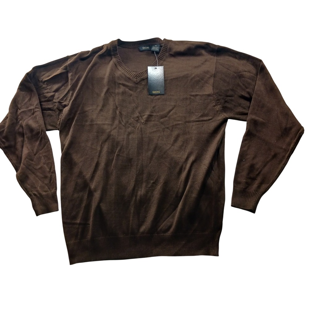 Gachu Mens V-Neck Sweater Brown Long Sleeve Acrylic Pullover Style 443 Size M